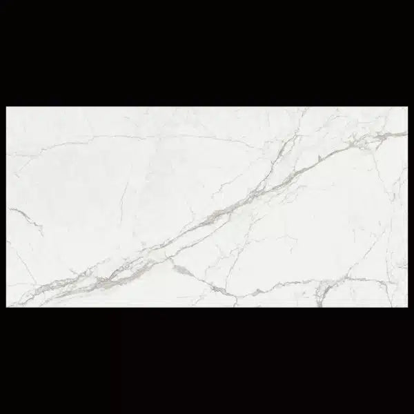 Dramatic flowing grey veins detail on Statuario Apuane thin porcelain slab for Guelph fireplaces