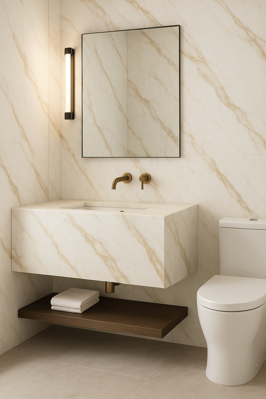 Warm gold veining detail on Calacatta Gold thin porcelain slab for Oakville bathrooms