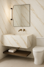 Warm gold veining detail on Calacatta Gold thin porcelain slab for Oakville bathrooms