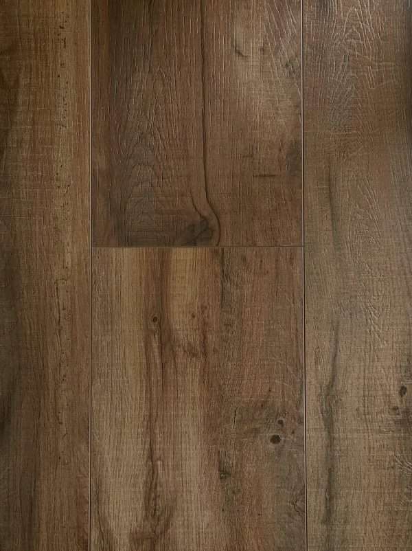 Matte embossed grey wood finish detail on Lead SPC click-lock plank for Guelph kitchens
