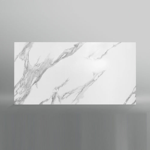 Glossy polished finish detail on Stellar White large-format tile for Cambridge bathrooms