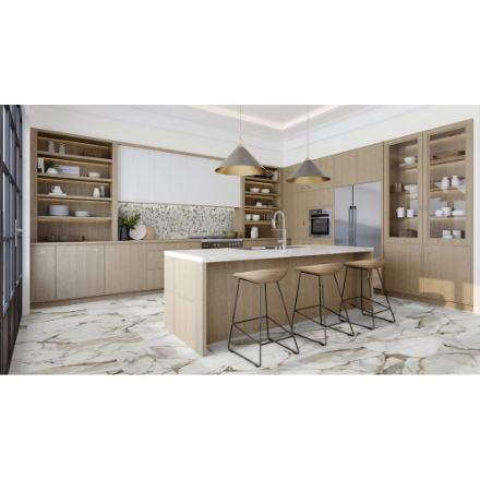 Extra-large 24x48 Calacatta Sierra tile as luxury kitchen floor in Oakville GTA renovation