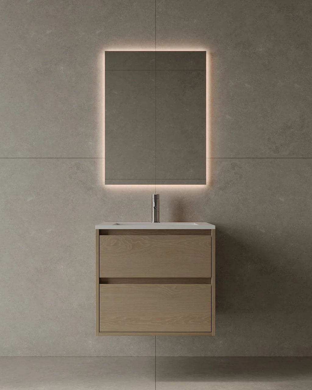 24-Inch Wall-Mounted Veneer Bathroom Vanity with integrated solid-surface sink and walnut drawers – TF Renovations Mississauga