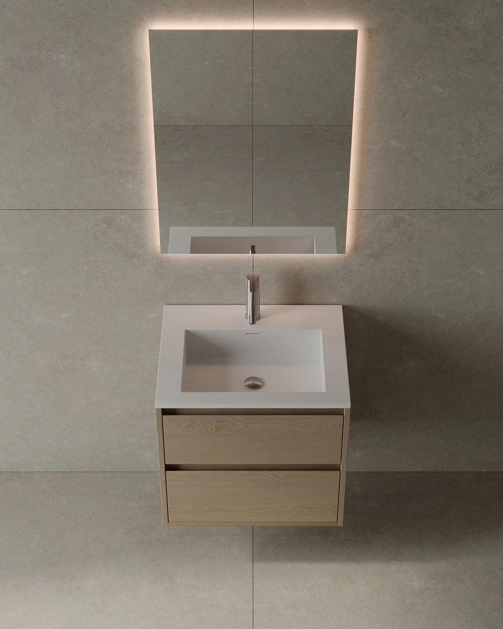 Wood veneer wall-mounted vanity with integrated sink and solid walnut drawers for Milton condo bathroom