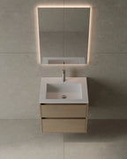 Wood veneer wall-mounted vanity with integrated sink and solid walnut drawers for Milton condo bathroom