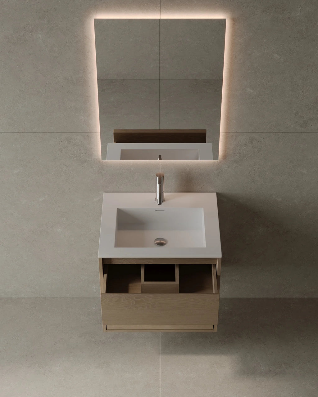 Natural warm 24-inch wall-mounted veneer vanity in GTA guest washroom