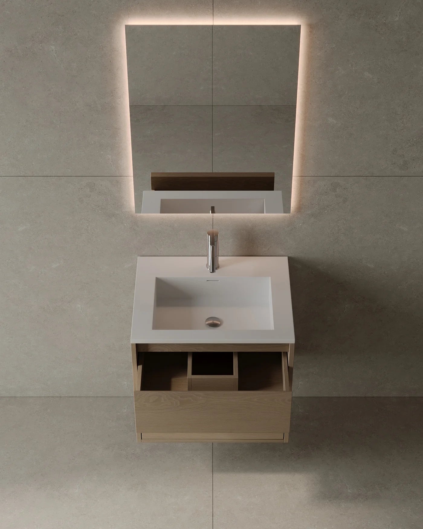 Natural warm 24-inch wall-mounted veneer vanity in GTA guest washroom