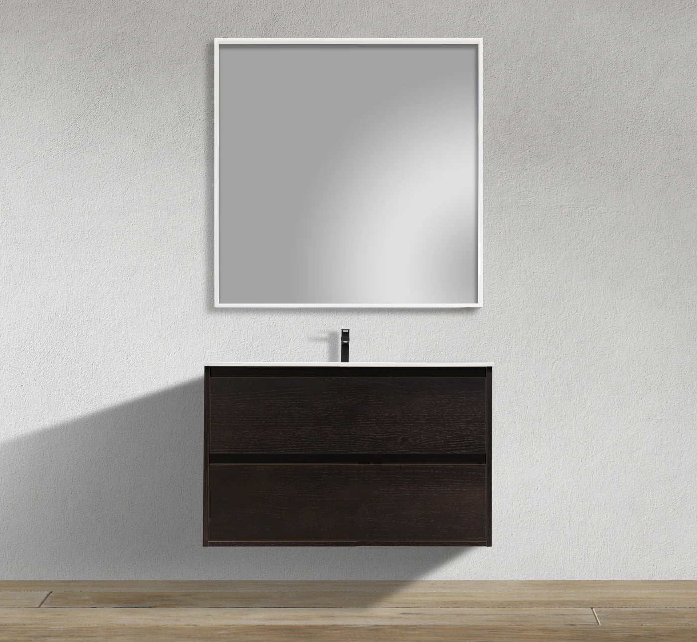 36-Inch wall-mounted veneer vanity with seamless I-Stone sink in mid-size Mississauga main bathroom renovation