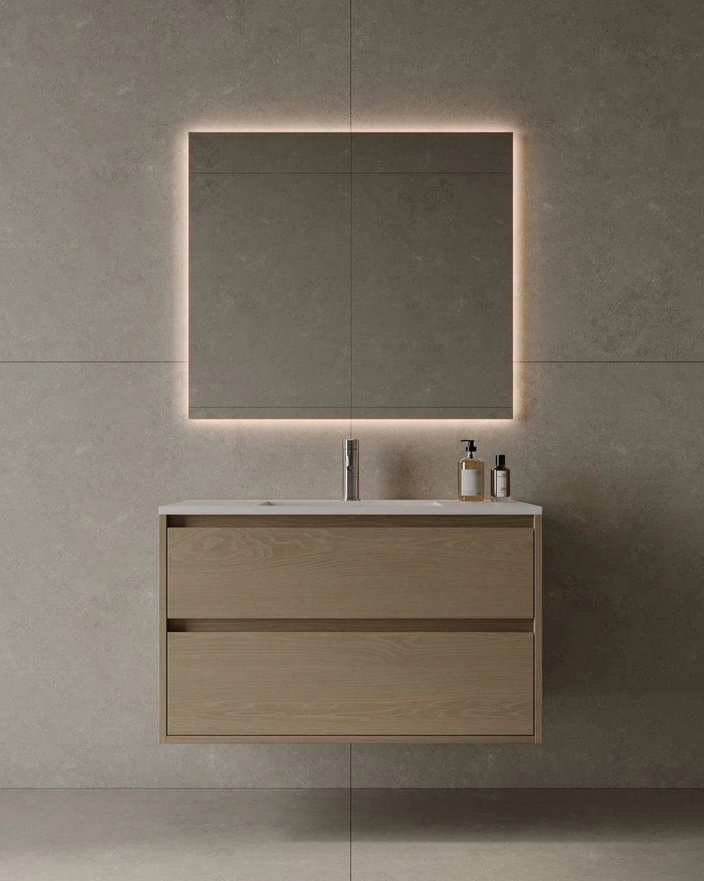 36-Inch Wall-Mounted Veneer Bathroom Vanity with integrated solid-surface sink and solid wood drawers – TF Renovations Mississauga