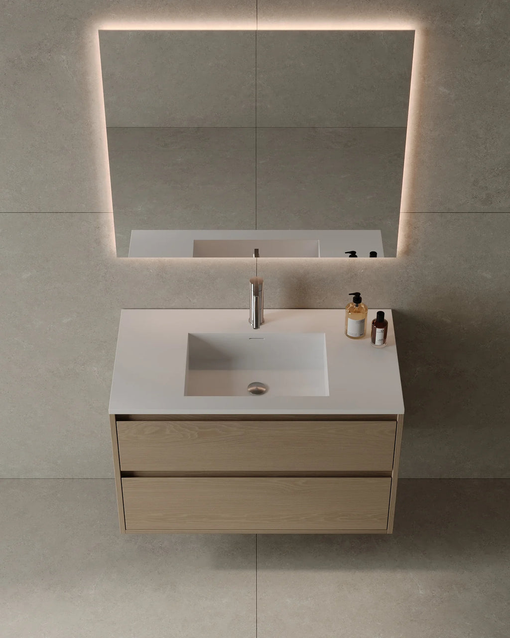 Warm natural 36-inch wall-mounted veneer vanity in GTA contemporary bathroom
