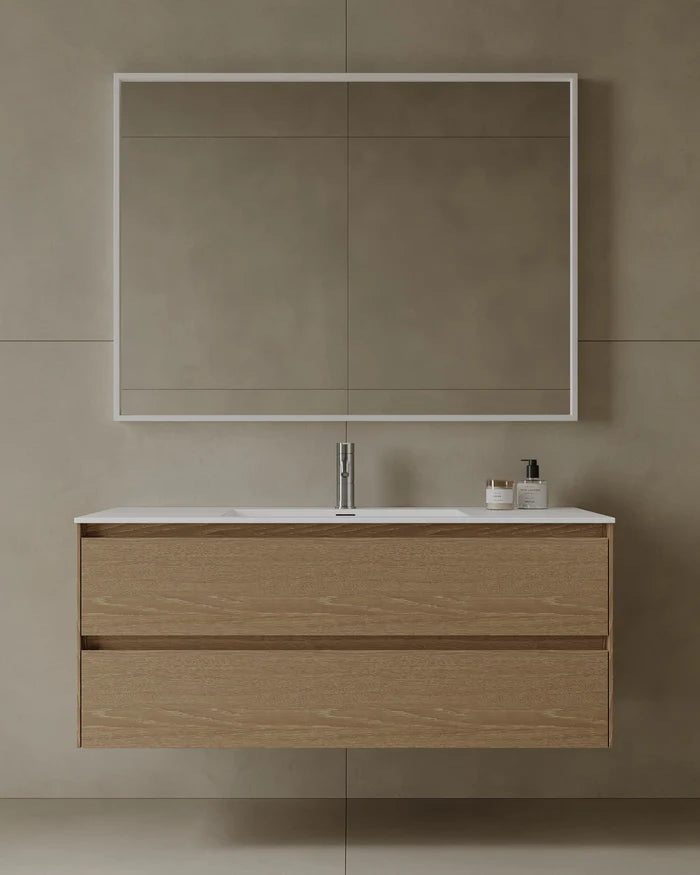 Durable melamine wall-mounted vanity with integrated sink and storage drawers for Milton ensuite