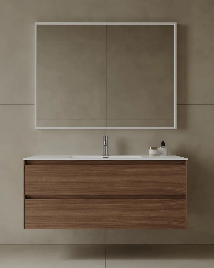 47-Inch wall-mounted vanity with seamless countertop and drawers in larger Mississauga primary bathroom renovation