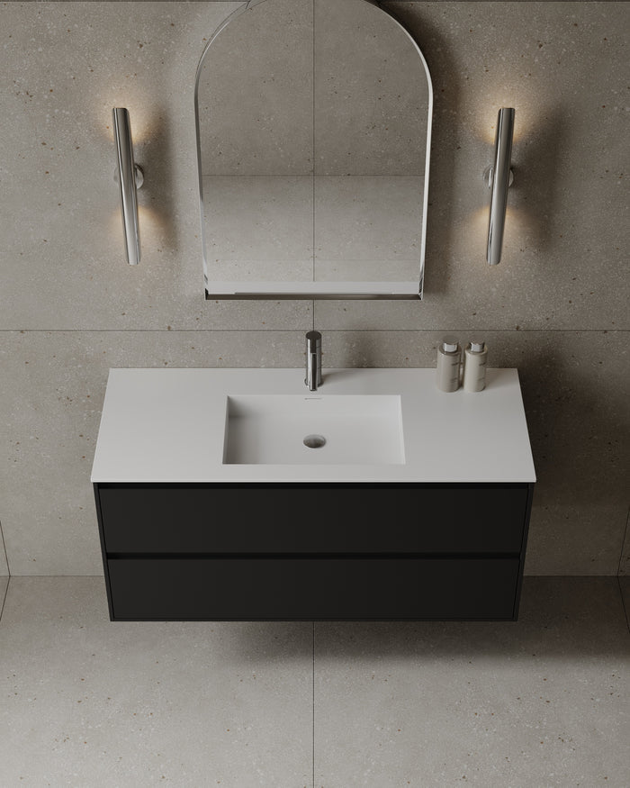 47-Inch Wall-Mounted Matte MDF Vanity with integrated I-Stone sink and multiple drawers – TF Renovations Mississauga