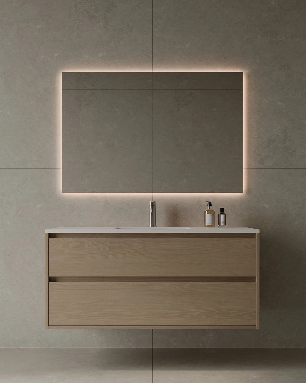 47-Inch Wall-Mounted Veneer Bathroom Vanity with integrated solid-surface sink and solid wood drawers – TF Renovations Mississauga
