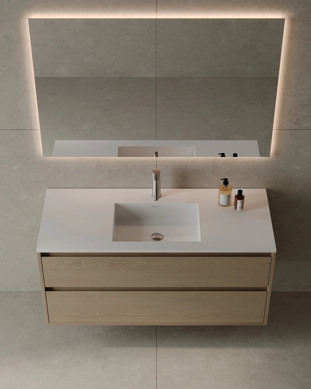 Natural veneer wall-mounted vanity with integrated sink and solid wood drawers for Milton ensuite