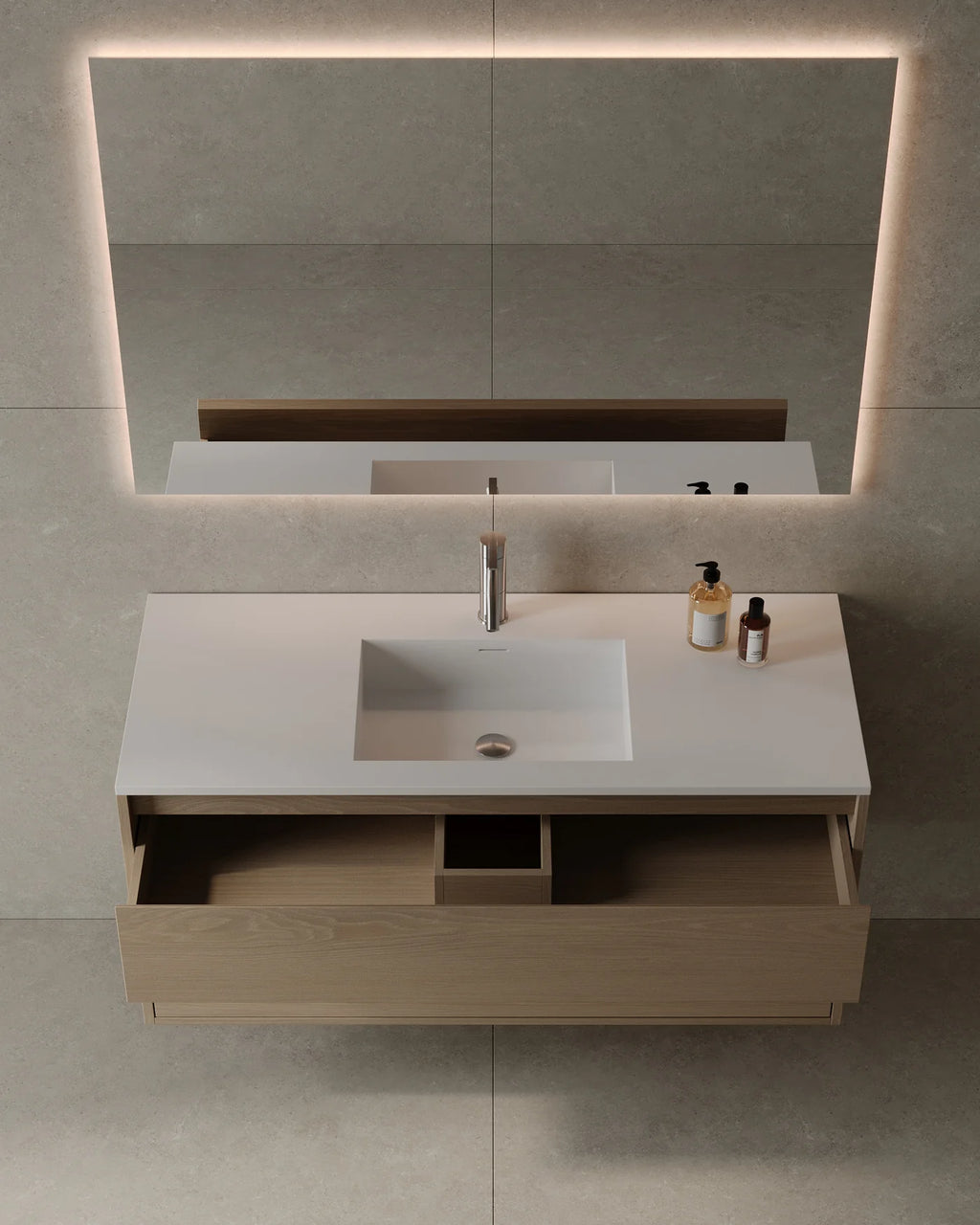 Warm natural 47-inch wall-mounted veneer vanity in GTA luxury bathroom