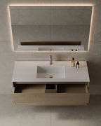 Warm natural 47-inch wall-mounted veneer vanity in GTA luxury bathroom