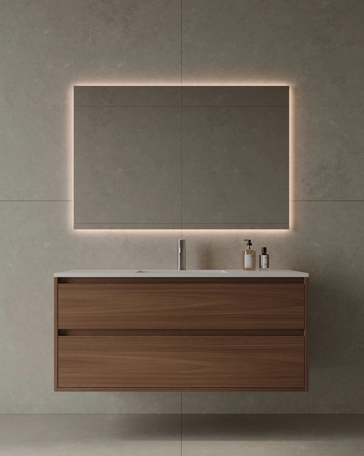 47-Inch wall-mounted veneer vanity with seamless I-Stone sink in large Mississauga primary bathroom renovation