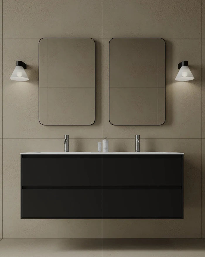 Space-saving 55-inch wall-mounted vanity with I-Stone top in GTA contemporary bathroom