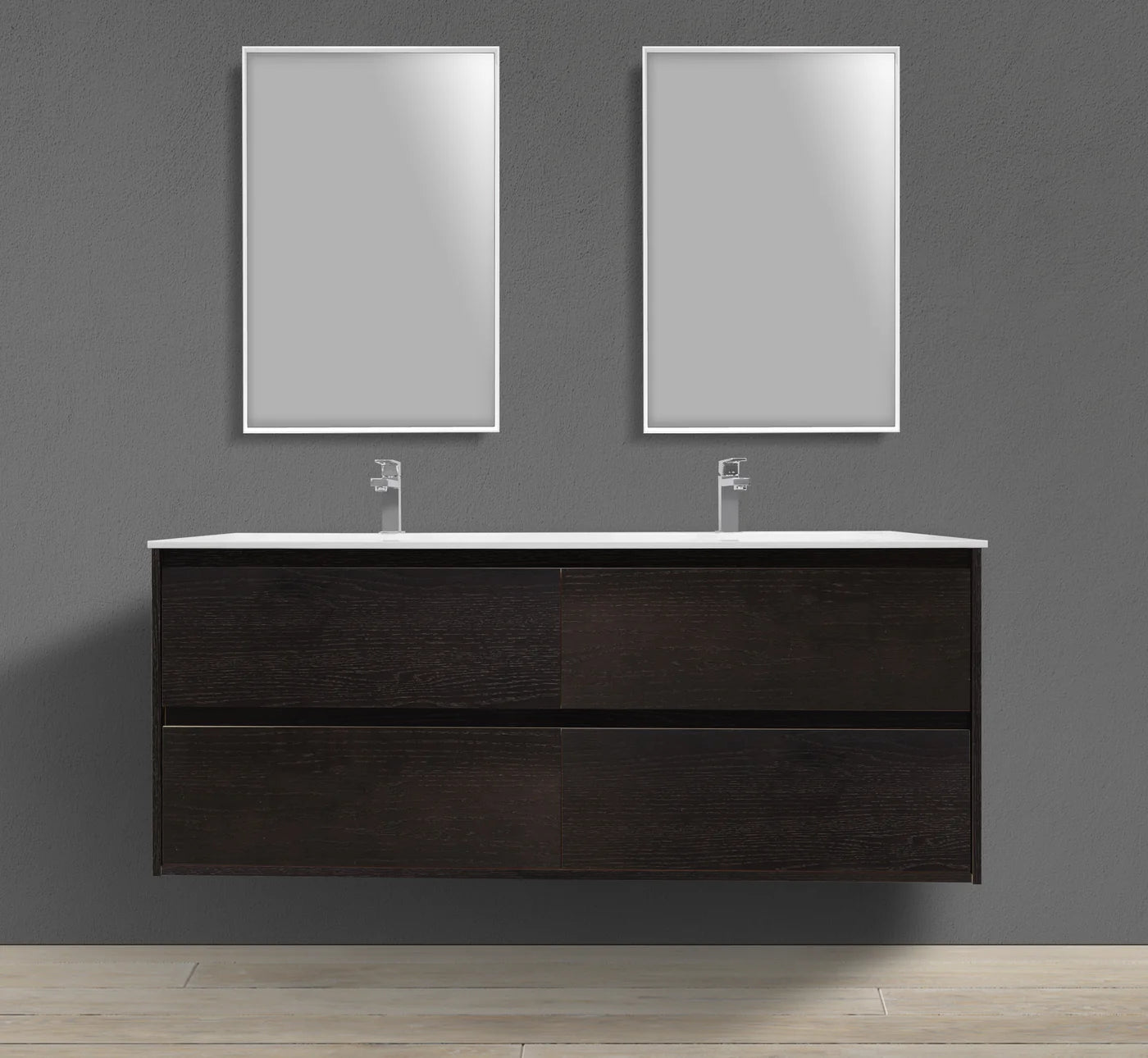 55-Inch wall-mounted veneer vanity with seamless I-Stone sink in large Mississauga primary bathroom renovation