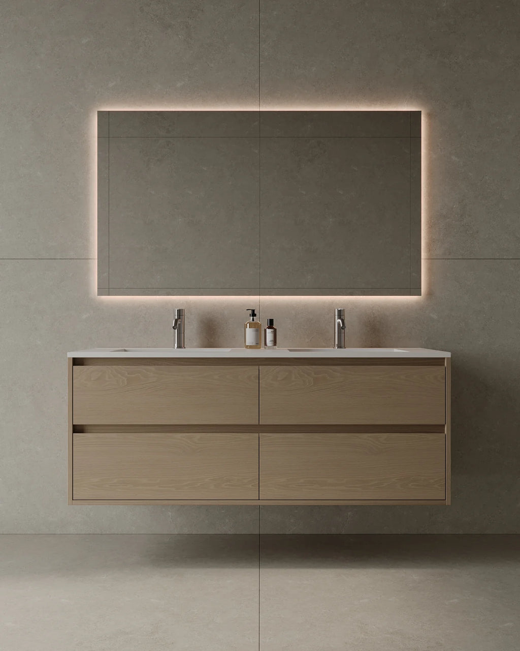 55-Inch Wall-Mounted Veneer Bathroom Vanity with integrated solid-surface sink and solid wood drawers – TF Renovations Mississauga