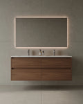 Warm natural 55-inch wall-mounted veneer vanity in GTA contemporary bathroom