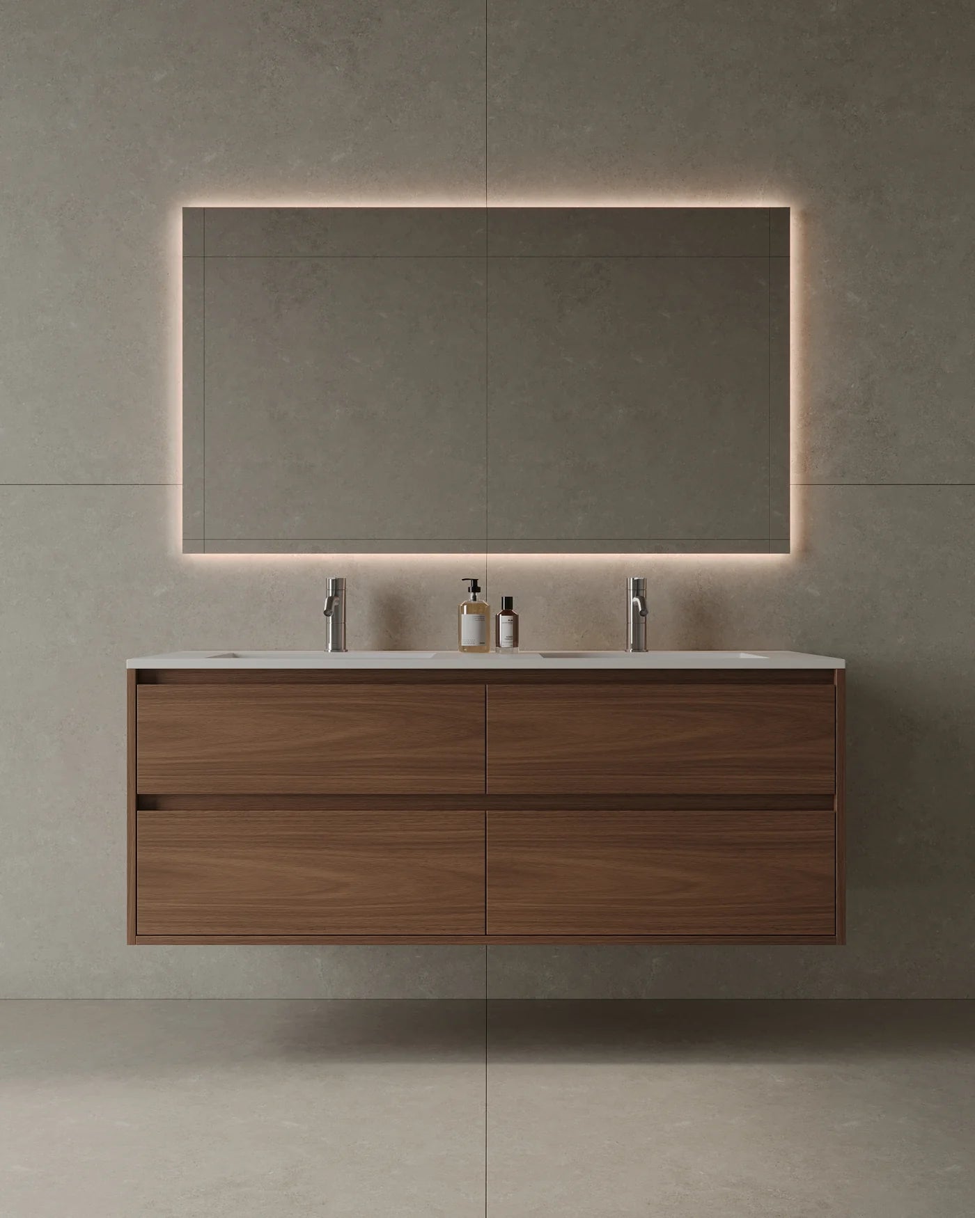 Warm natural 55-inch wall-mounted veneer vanity in GTA contemporary bathroom