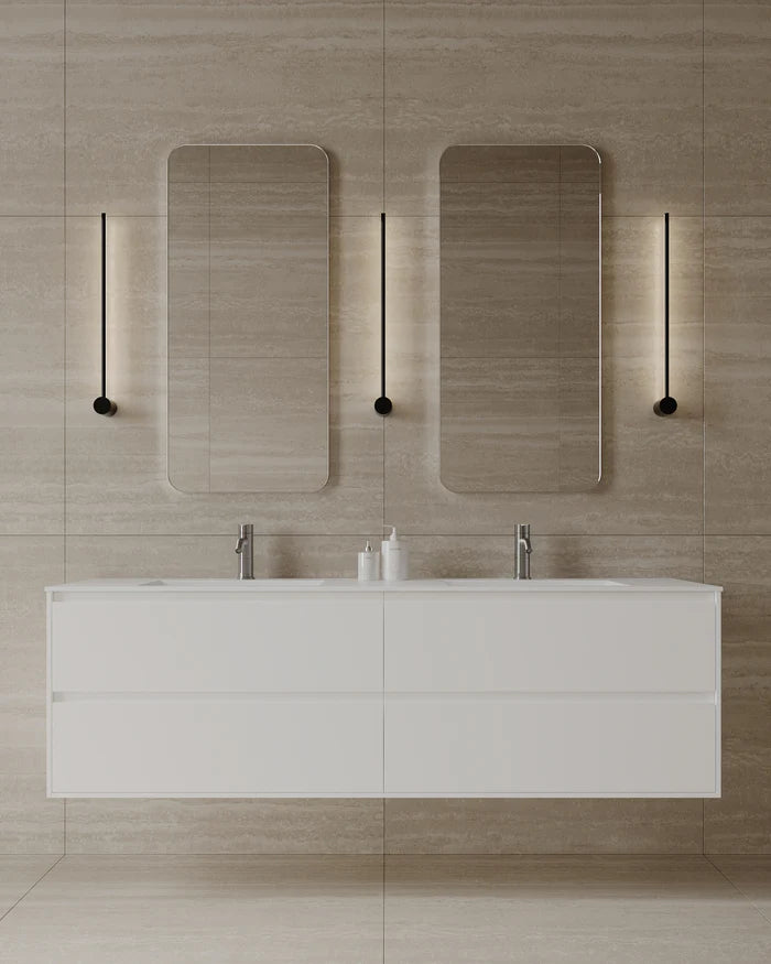 Space-saving 71-inch wall-mounted vanity with I-Stone top in GTA contemporary bathroom