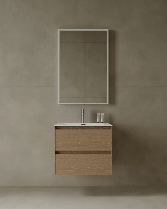Durable melamine wall-mounted vanity with integrated sink and storage drawers for Milton condo bath