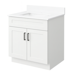 Shaker-style 24-inch freestanding vanity in small Mississauga powder room renovation