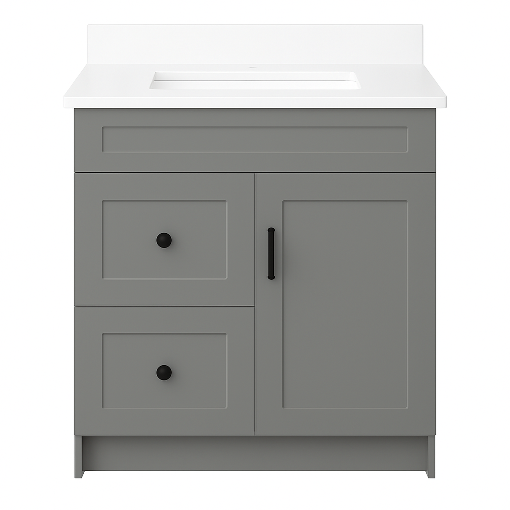 Pre-assembled MDF shaker vanity right door left drawers with backsplash and side splashes for Milton condo bath