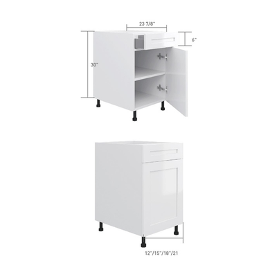 Base cabinet with 1 drawer and 1 door, dimensioned line drawing