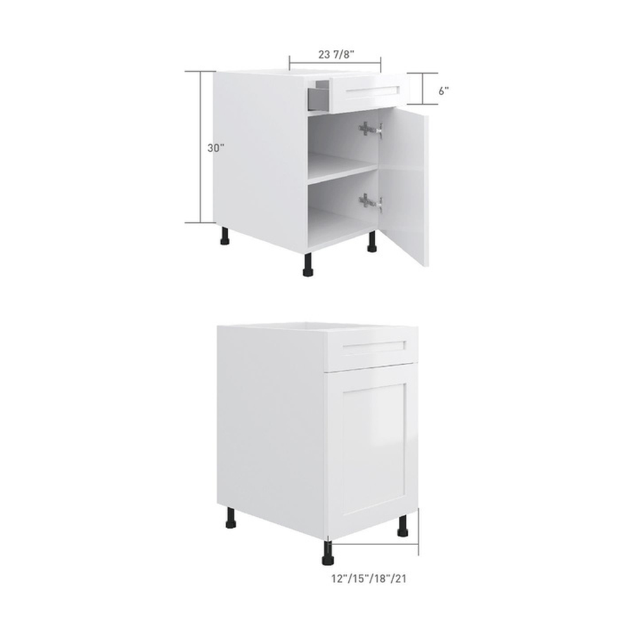 Base cabinet with 1 drawer and 1 door, dimensioned line drawing