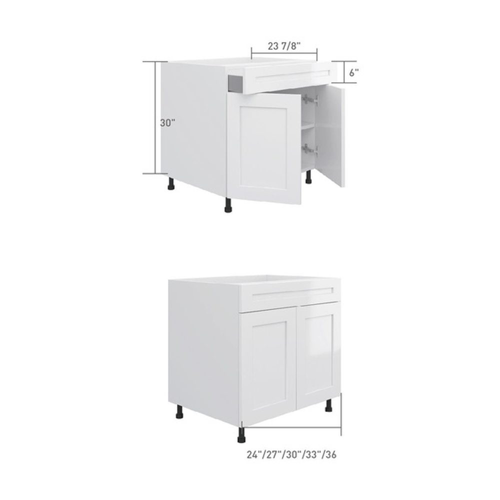 Base cabinet with 1 drawer and 2 doors, dimensioned line drawing