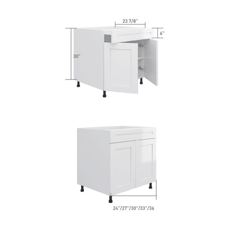 Base cabinet with 1 drawer and 2 doors, dimensioned line drawing