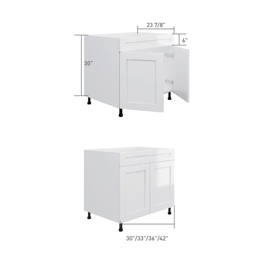 Sink base cabinet with 2 doors, dimensioned line drawing