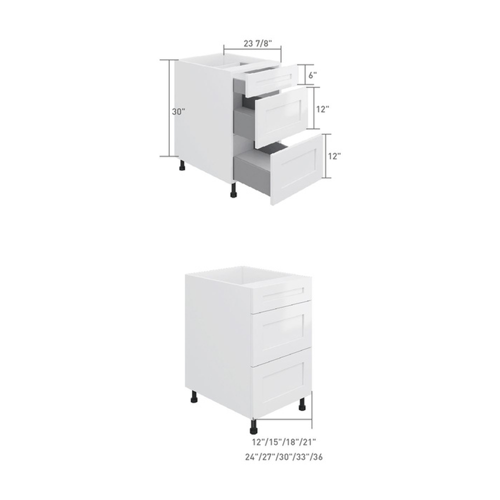 3-drawer base cabinet, dimensioned line drawing