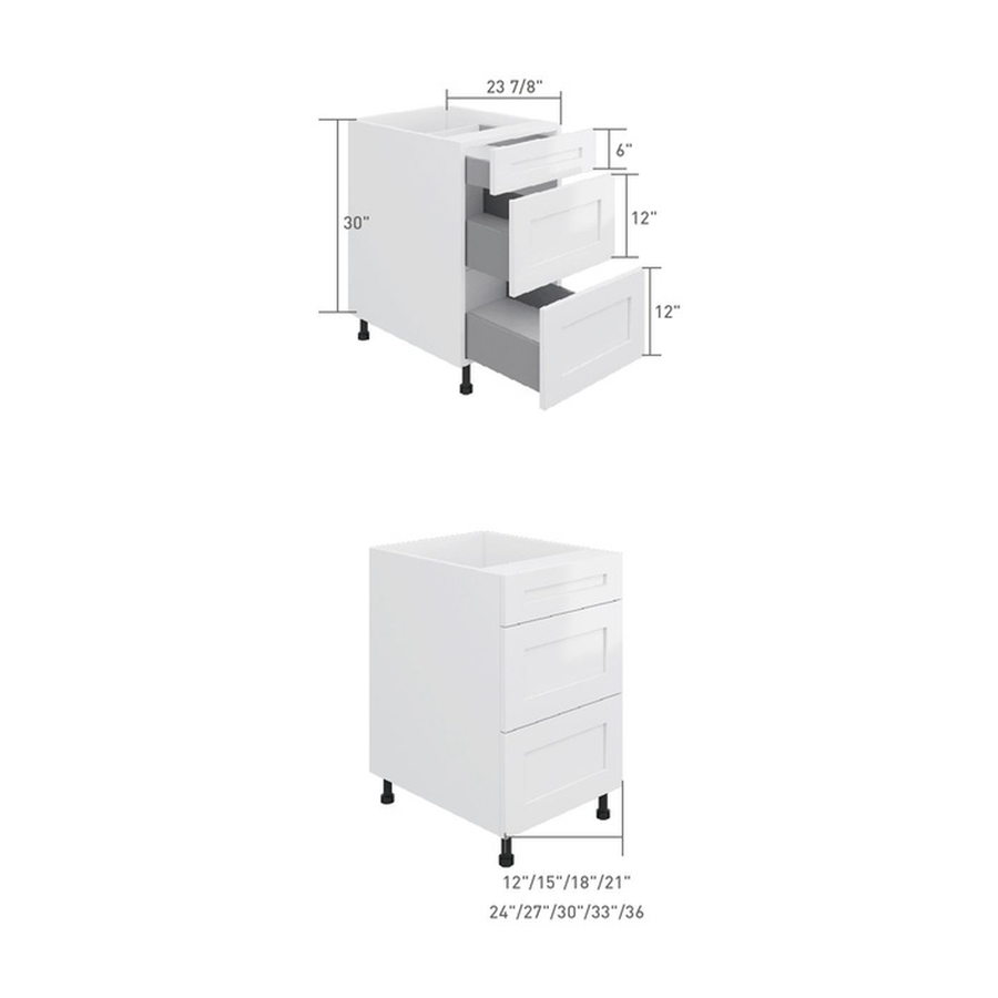 3-drawer base cabinet, dimensioned line drawing