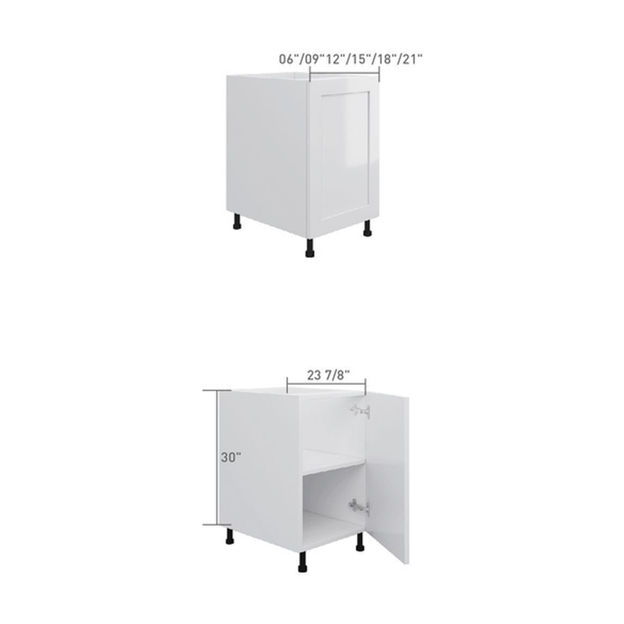 Full-height base cabinet with 1 door, dimensioned line drawing