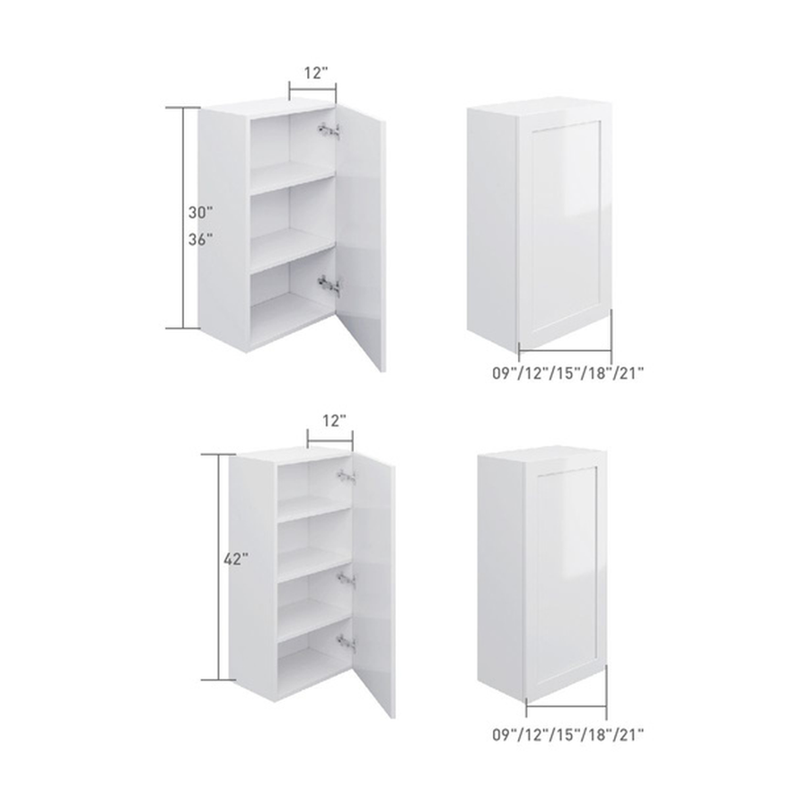 1-door wall cabinet, dimensioned line drawing