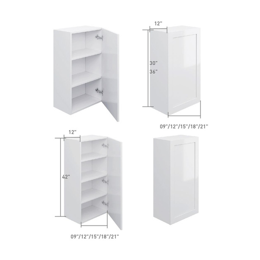 1-door wall cabinet, dimensioned line drawing