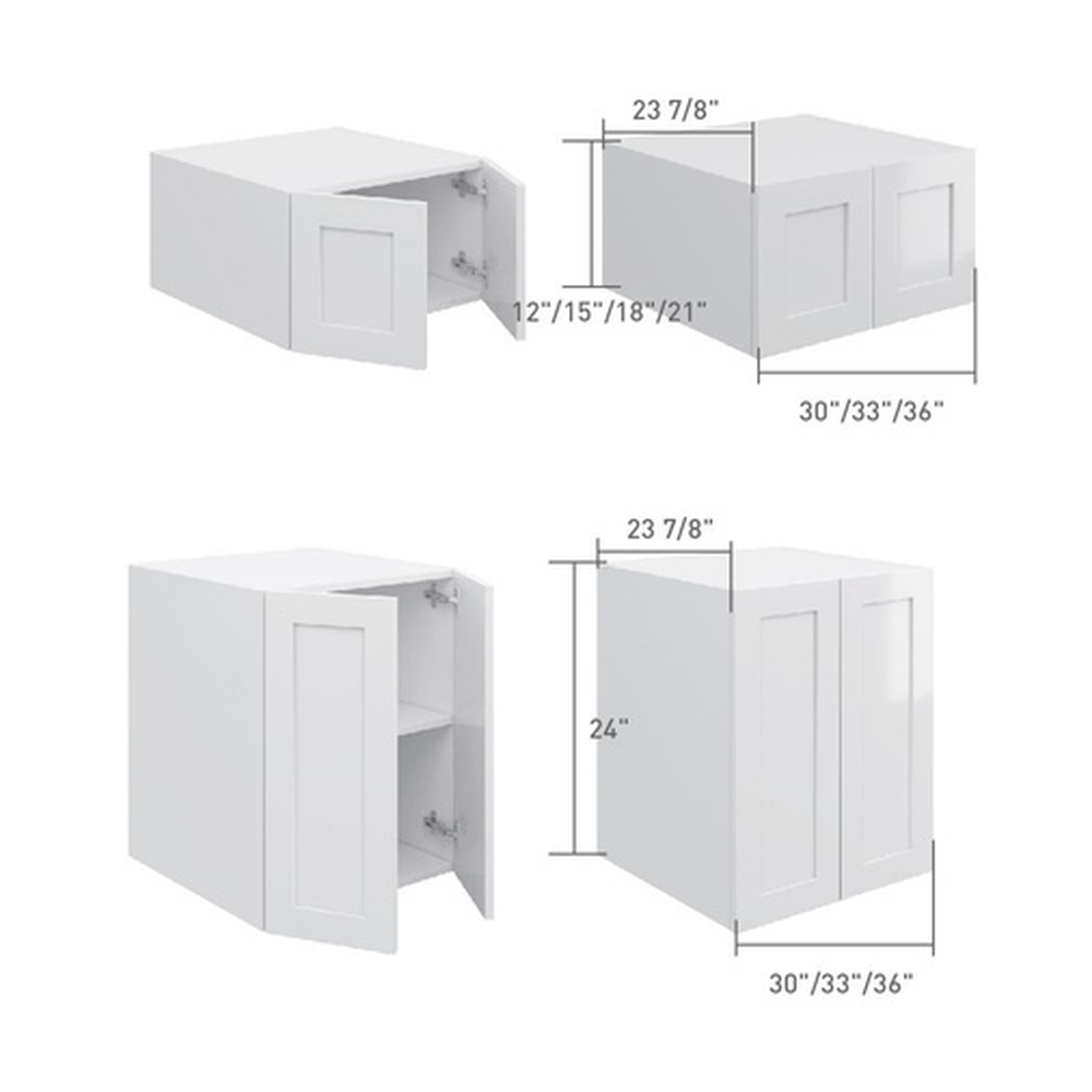 2-door wall cabinet for above a fridge, dimensioned line drawing