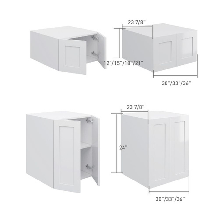 2-door wall cabinet for above a fridge, dimensioned line drawing
