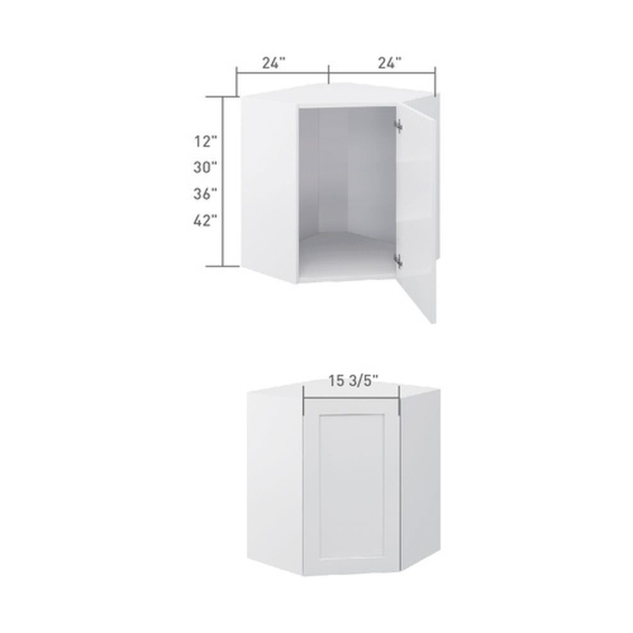 Diagonal corner wall cabinet, dimensioned line drawing