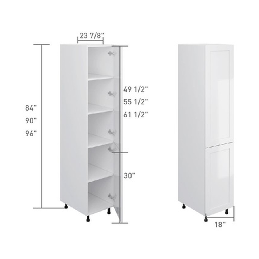 Single-door pantry cabinet, dimensioned line drawing